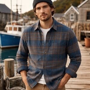 Portuguese Flannel Plaid Button Down Shirt Blue Brown Medium $125